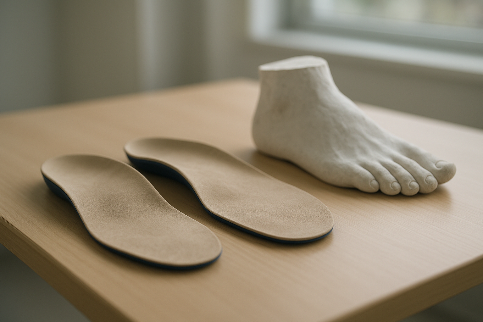 Custom specialty orthotics for heel pain placed beside a plaster foot mold on a clinical table