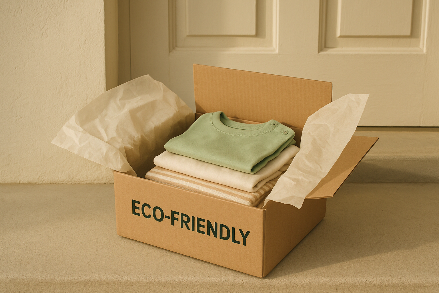 Eco-conscious shipping box used for two-way returns in a sustainable children's clothing rental service