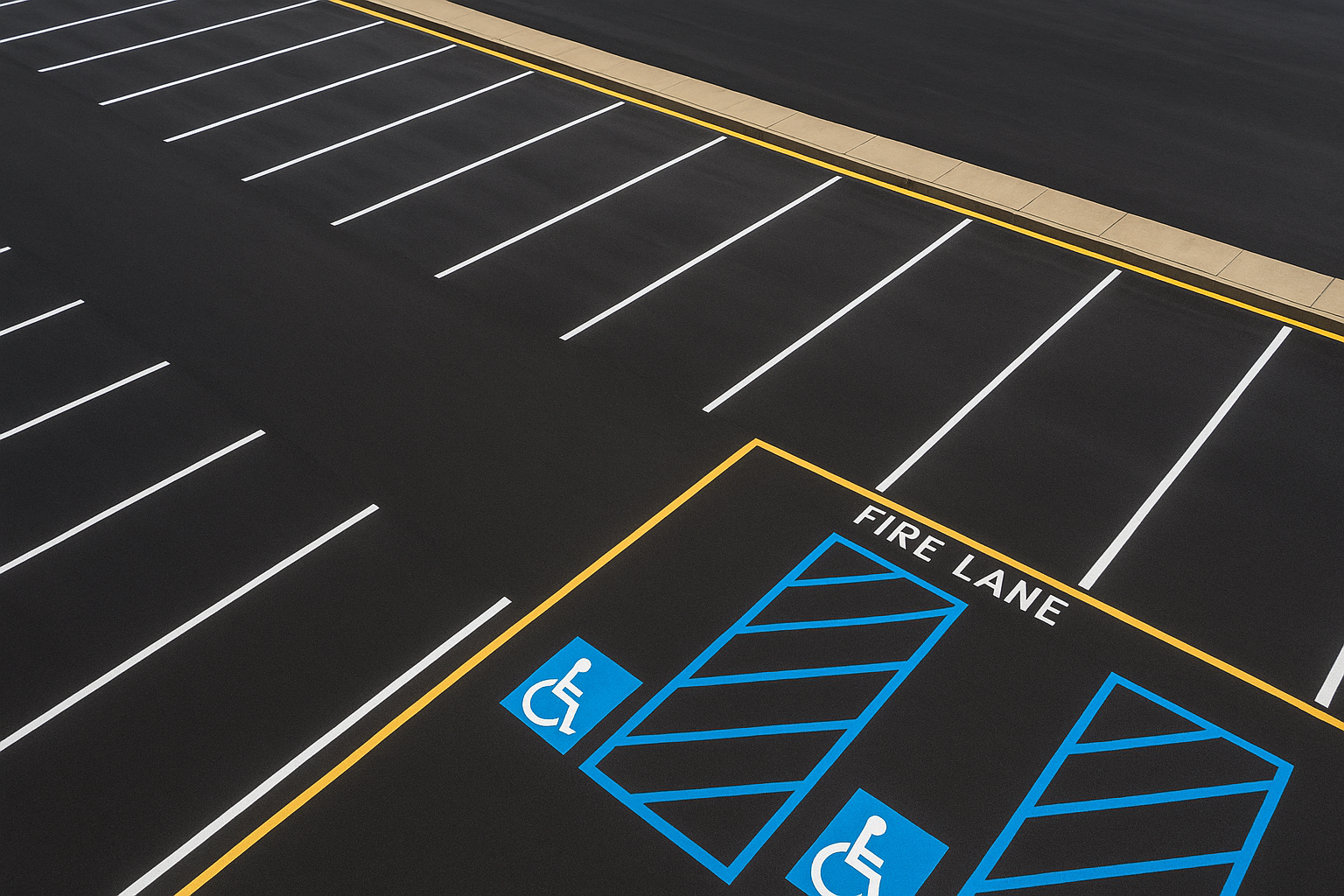 Freshly painted commercial parking lot with white striping, ADA handicap spaces, and yellow fire lane markings