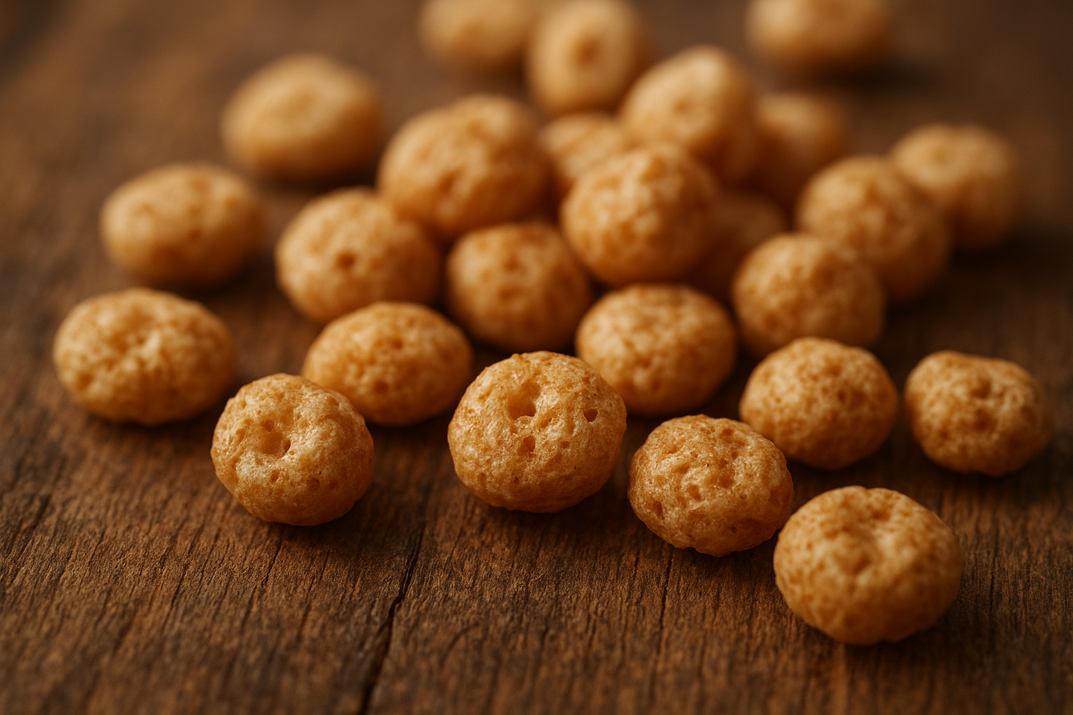 Close-up of organic puffed whole grain cereal pieces with visible natural texture