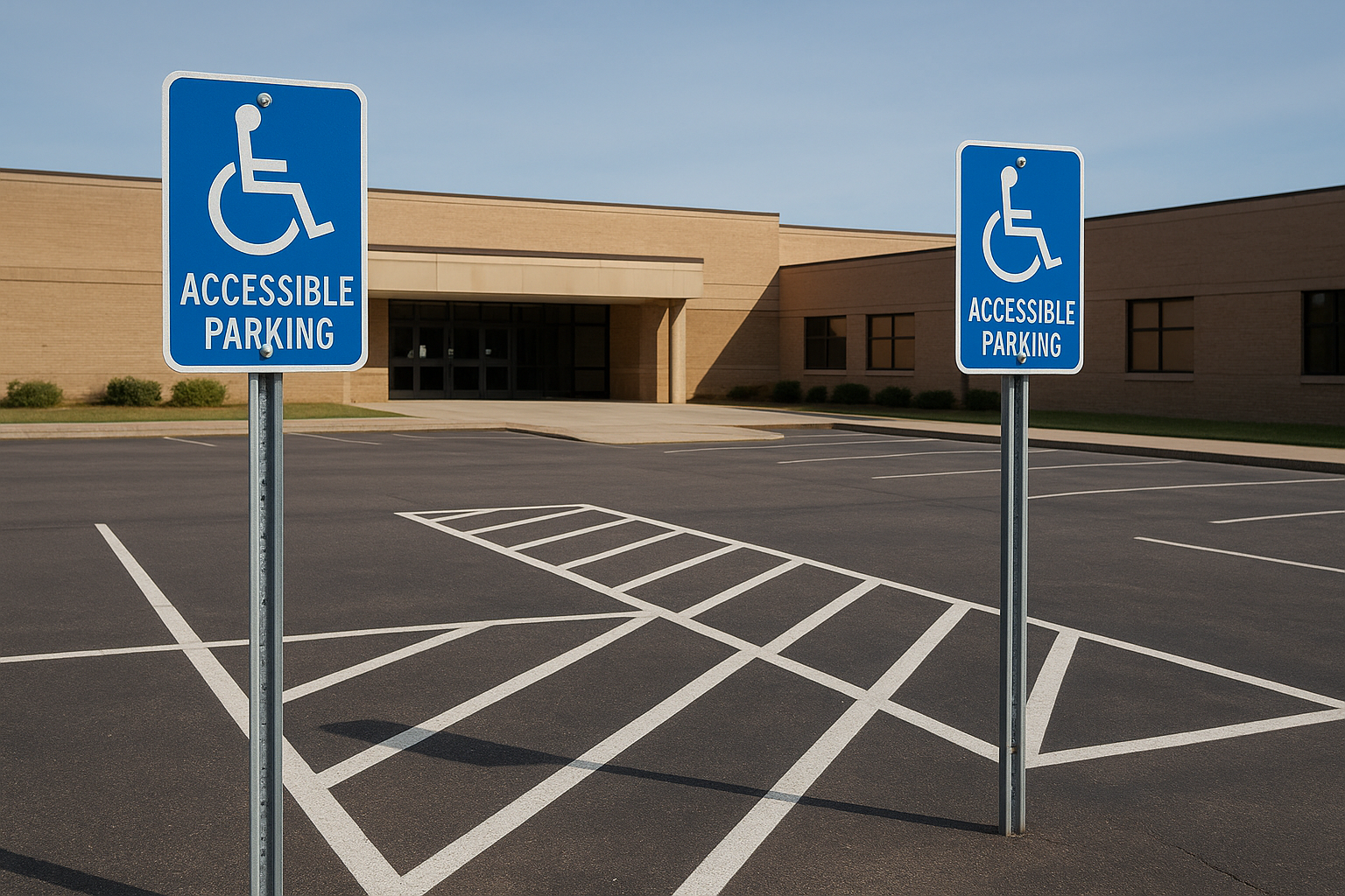 Accessible parking signage and striped access aisle near a commercial building entrance