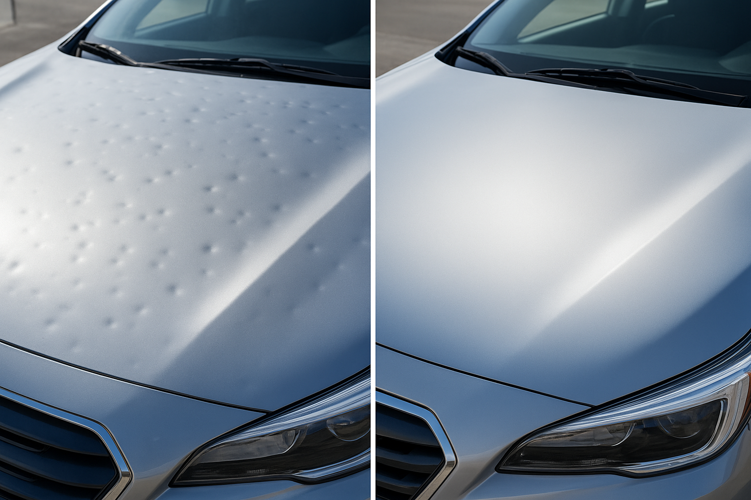 Before and after comparison of hail dent removal on a car hood