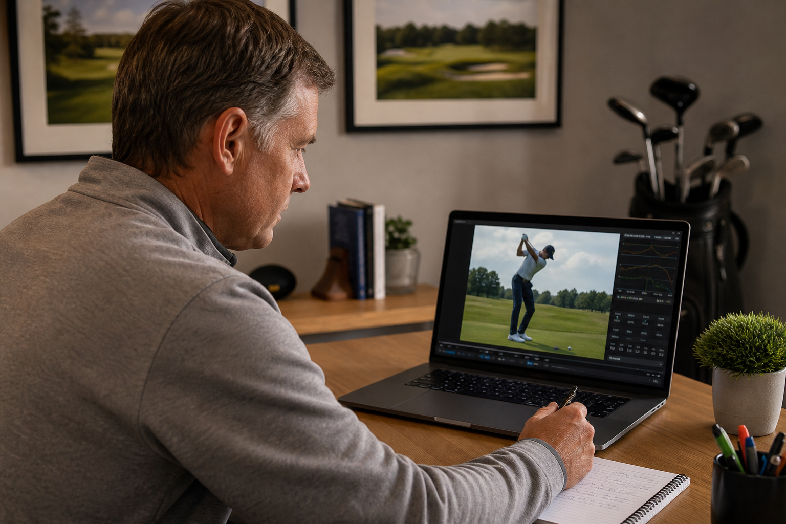 Instructor analyzing slow motion swing footage during remote golf coaching session