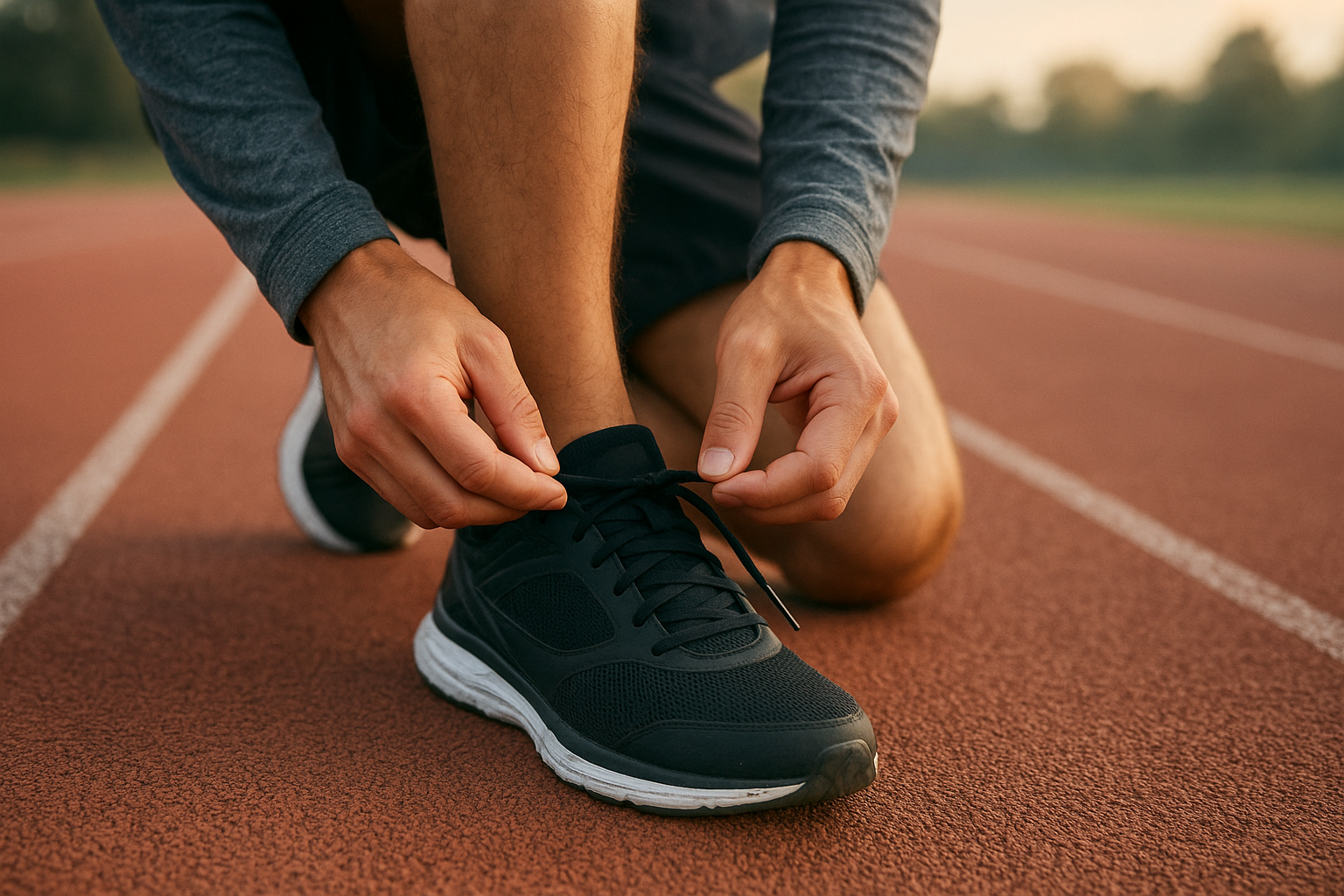 Athlete lacing up running shoes fitted with high-performance insoles for athletes before training