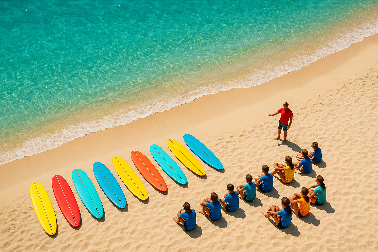 Aerial view of a surf school setup on a Hawaiian beach with colorful boards lined up for students