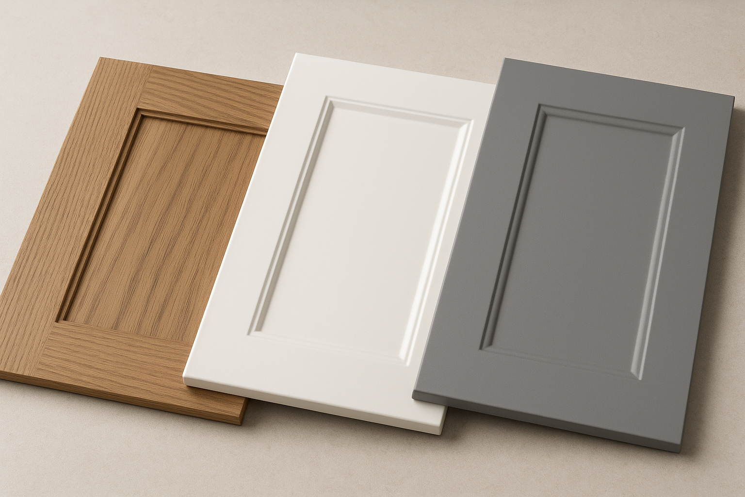 Kitchen cabinet finish material samples including wood veneer, thermofoil, and laminate for cabinet design solutions