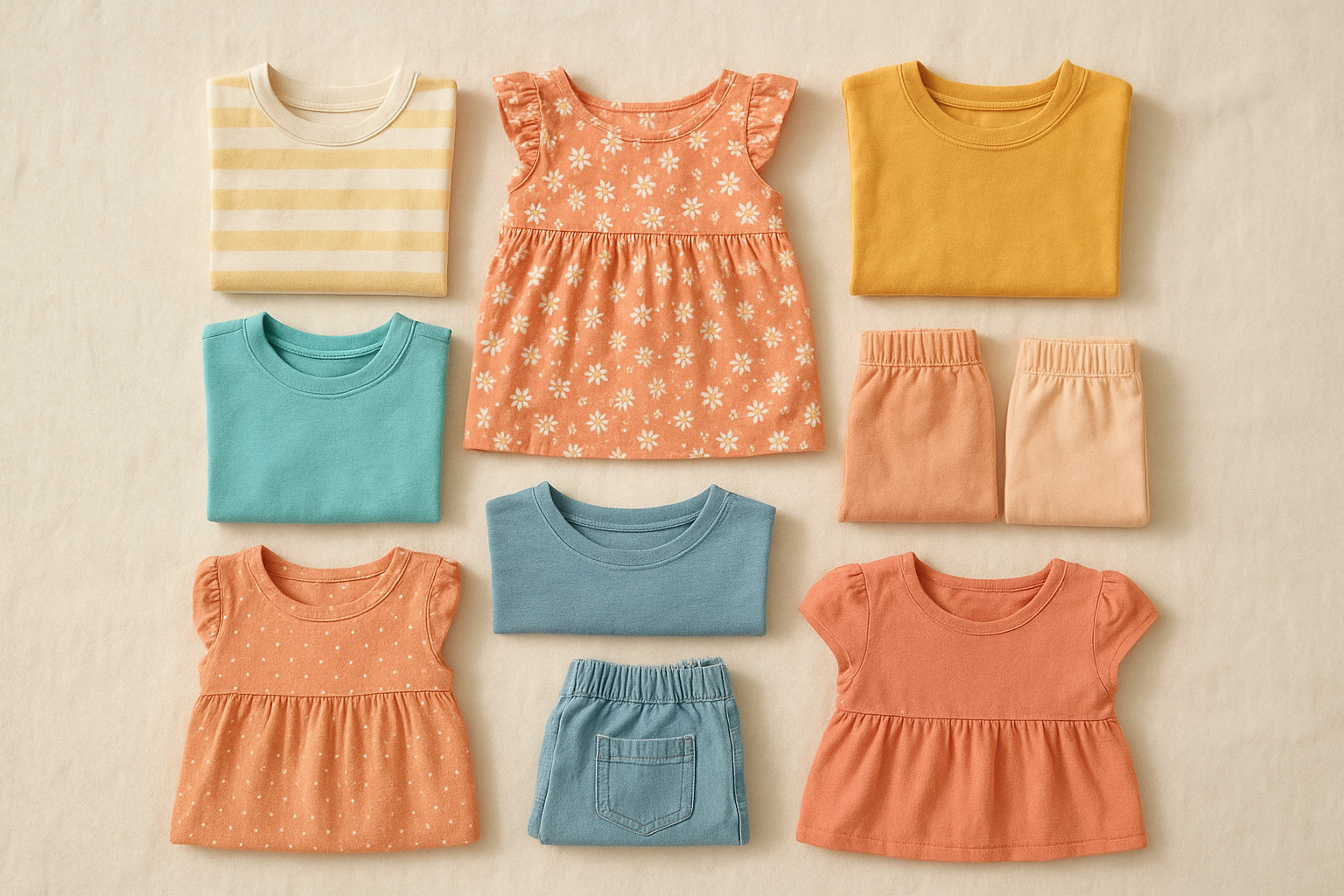 Curated clothing pieces from a monthly kids wardrobe service arranged neatly