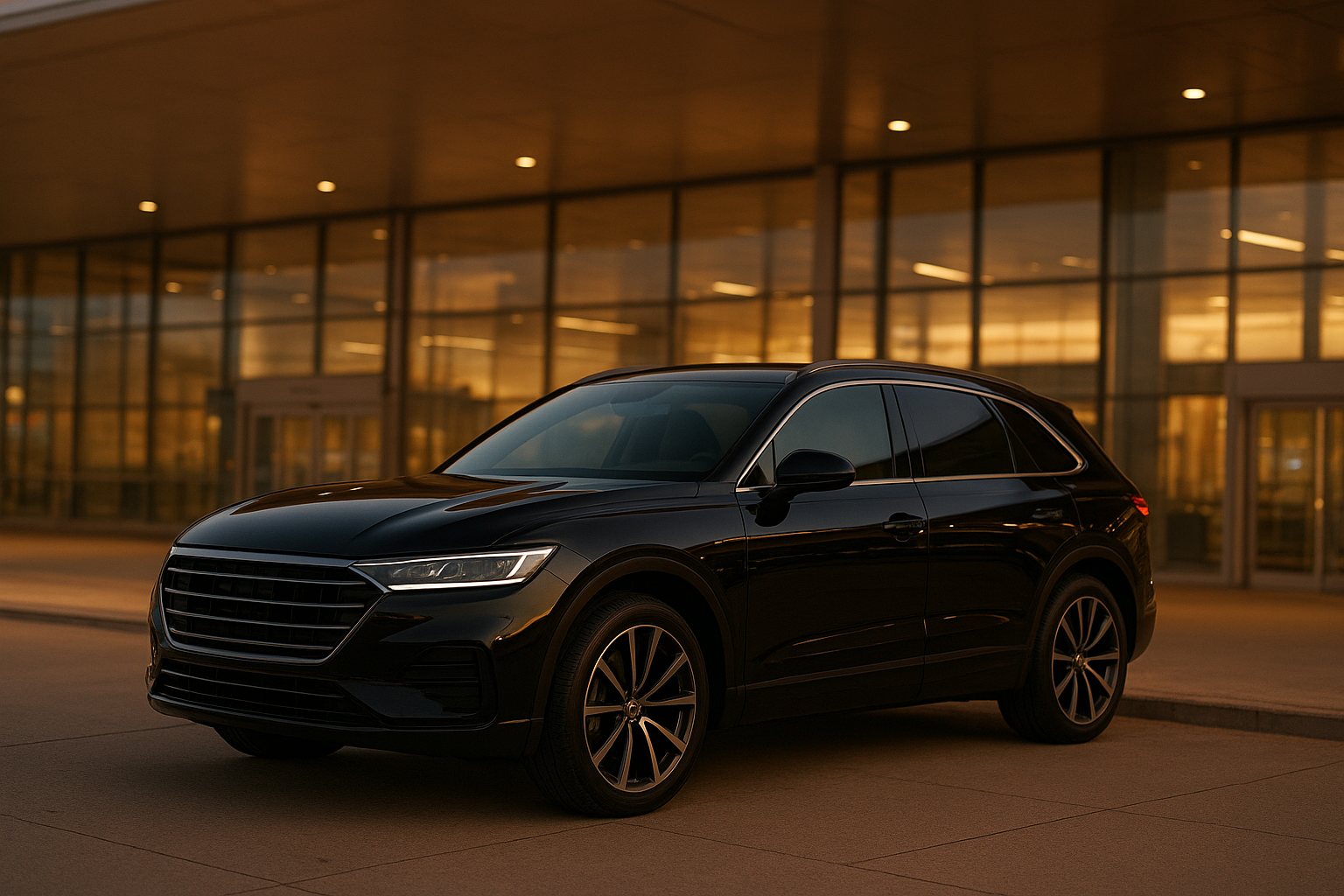 Black luxury SUV representing CharlotteLux chauffeur service outside an airport terminal
