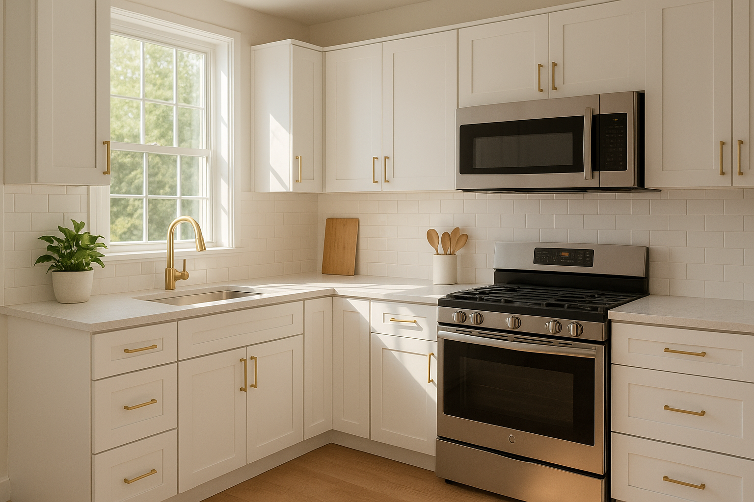 Kitchen featuring fast cabinet refacing with new white shaker doors and gold hardware