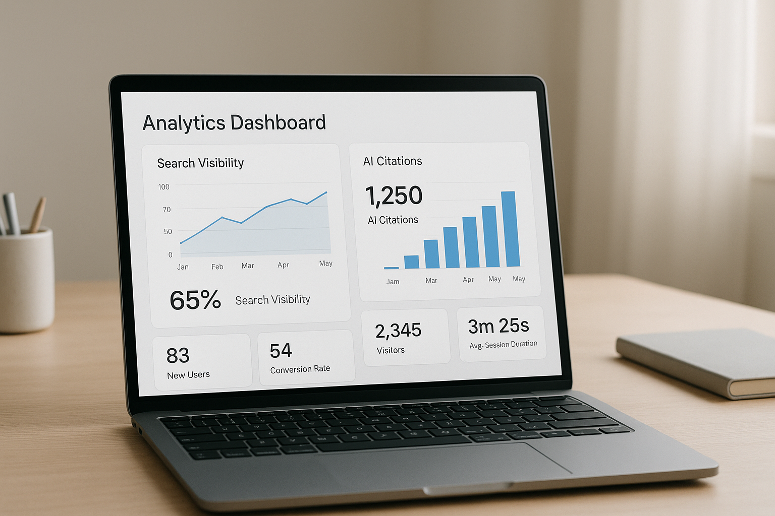 AI-driven answer engine optimization service dashboard displaying search visibility metrics