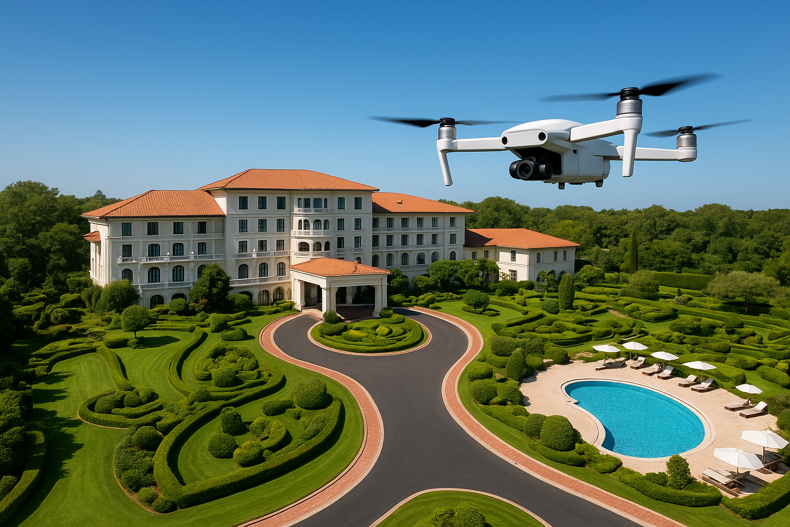 Drone capturing aerial video over a hotel property with gardens and driveway