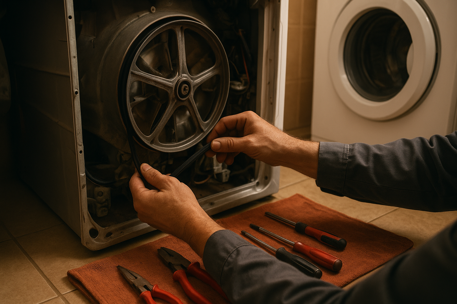 Appliance technician repairing a washing machine belt as part of reliable appliance repair service