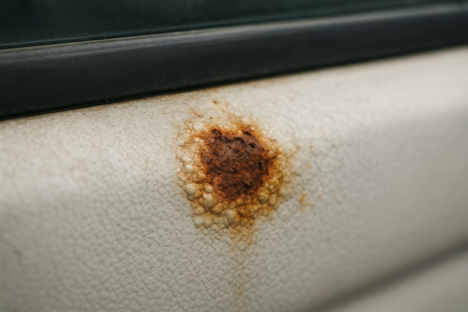 Close-up of early rust bubbling under paint on a car door panel before auto body rust repair Brea treatment