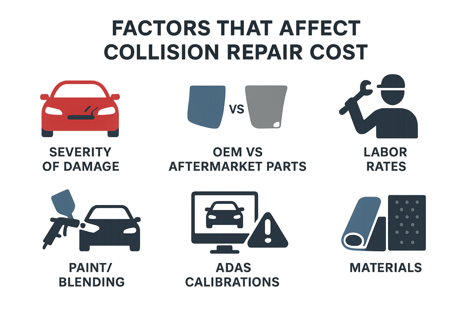 Infographic of factors that affect collision repair cost including parts, labor, paint, and ADAS