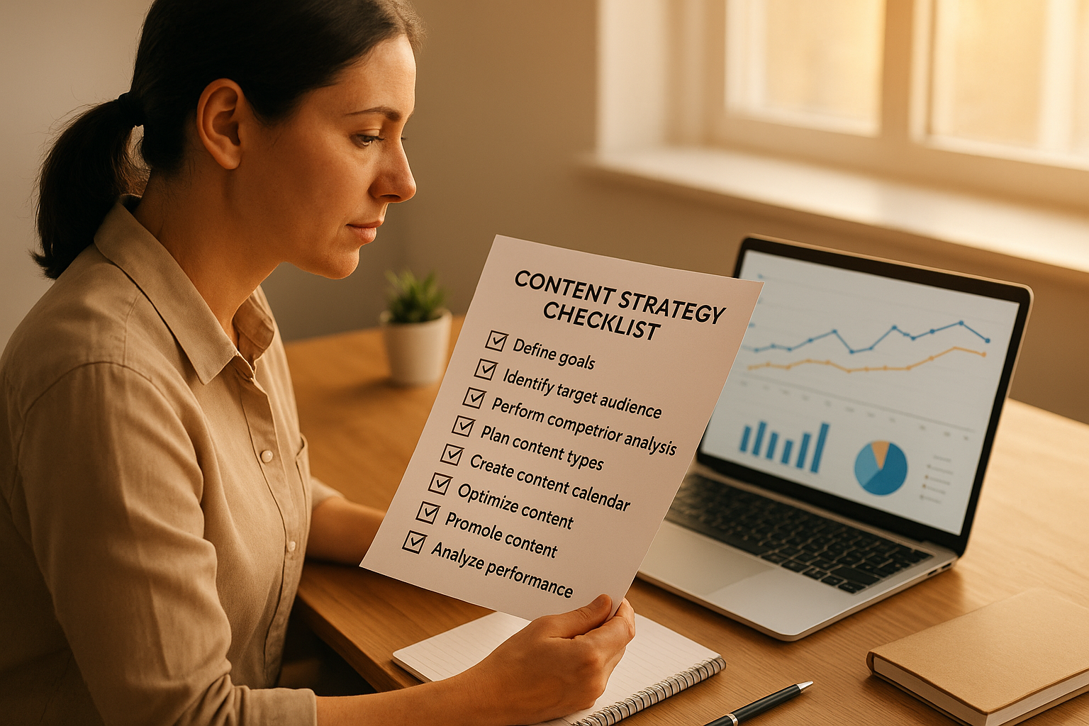 Small business owner reviewing a content strategy checklist for AI search visibility