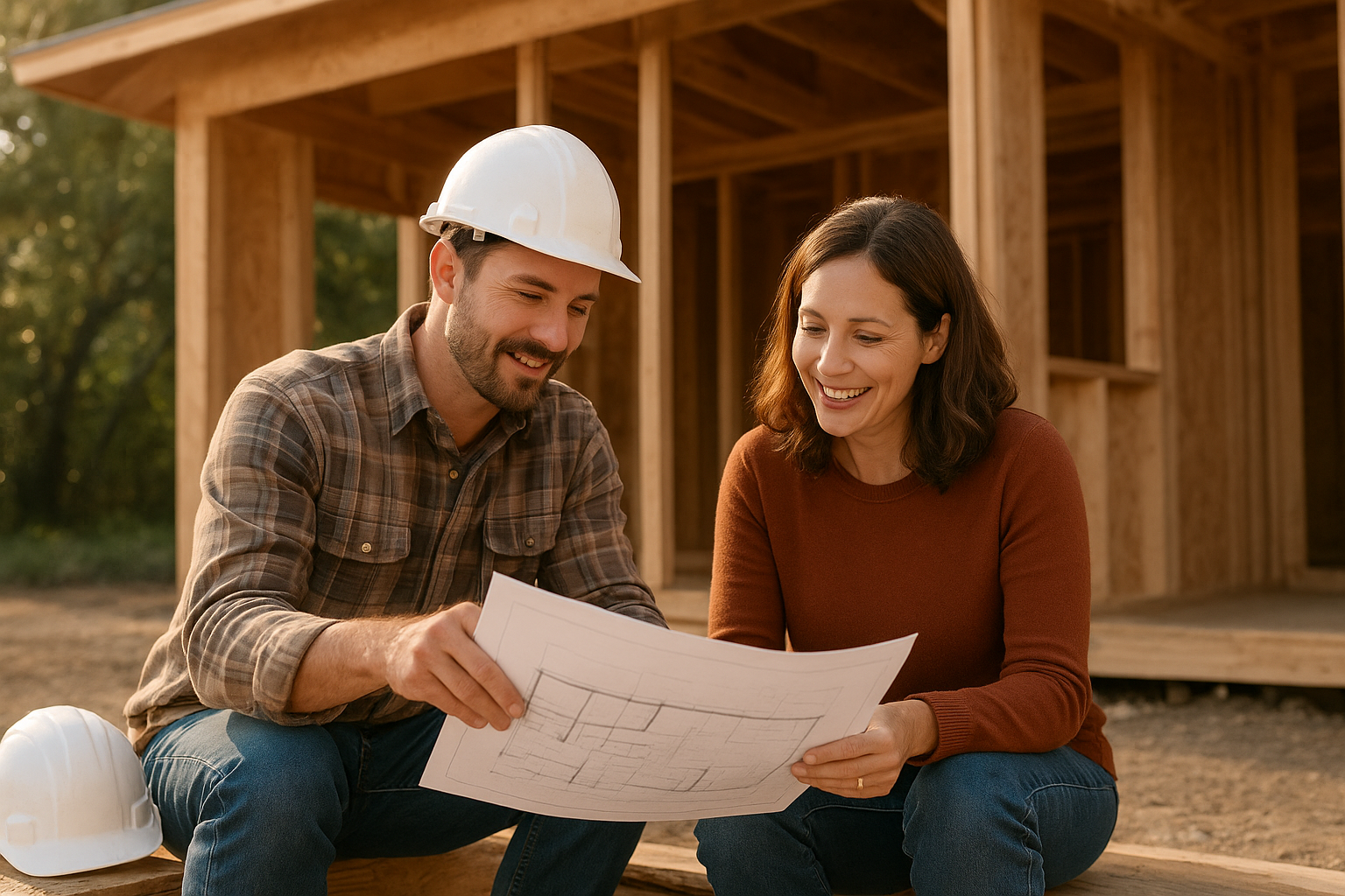 Contractor and homeowner discussing casita construction plans on a residential job site