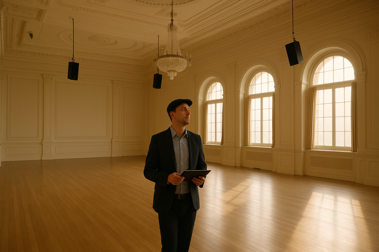 AV specialist conducting an AV equipment consultation walk-through inside an event ballroom