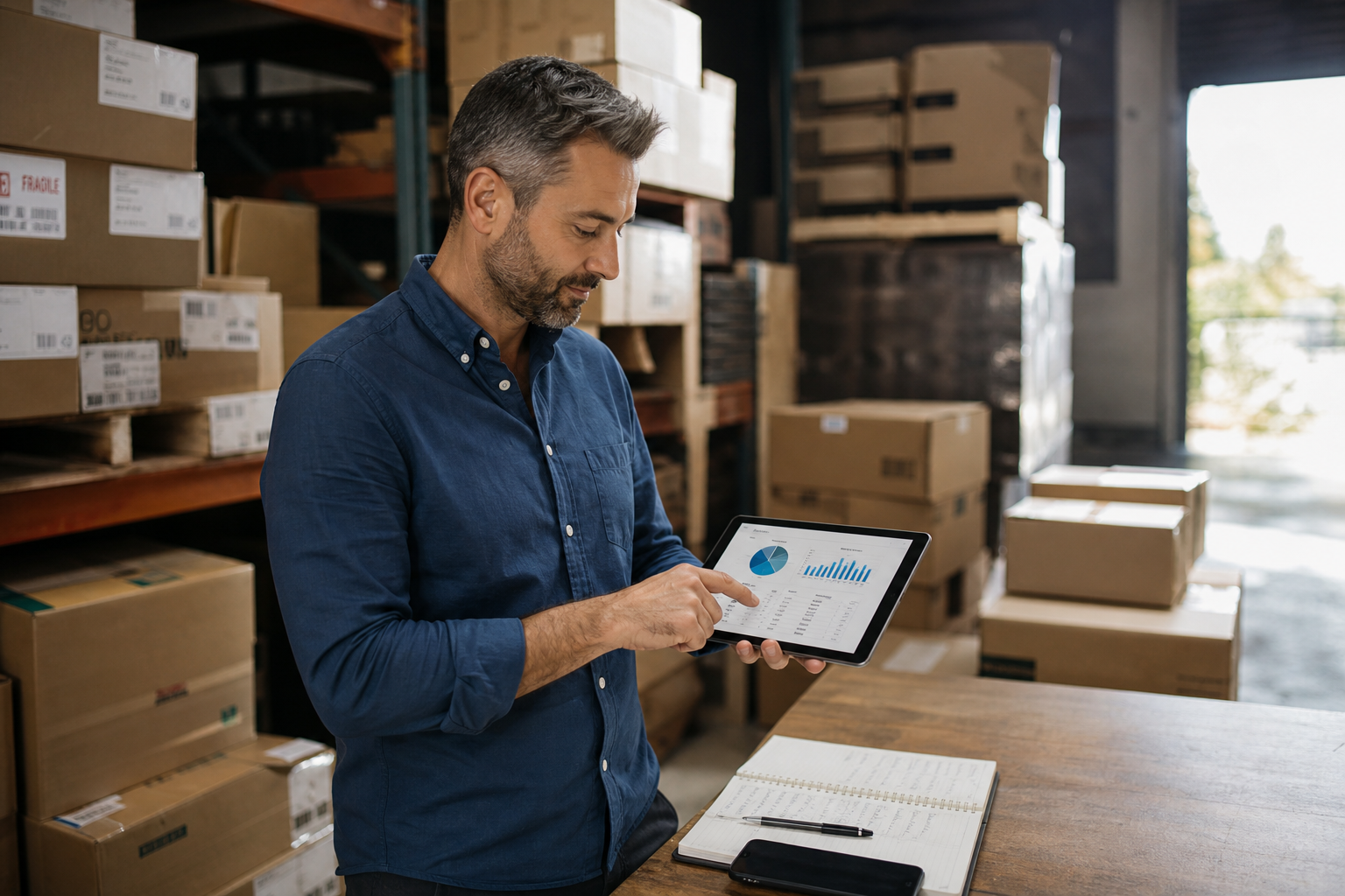 Small business owner reviewing small business inventory financing options in a warehouse