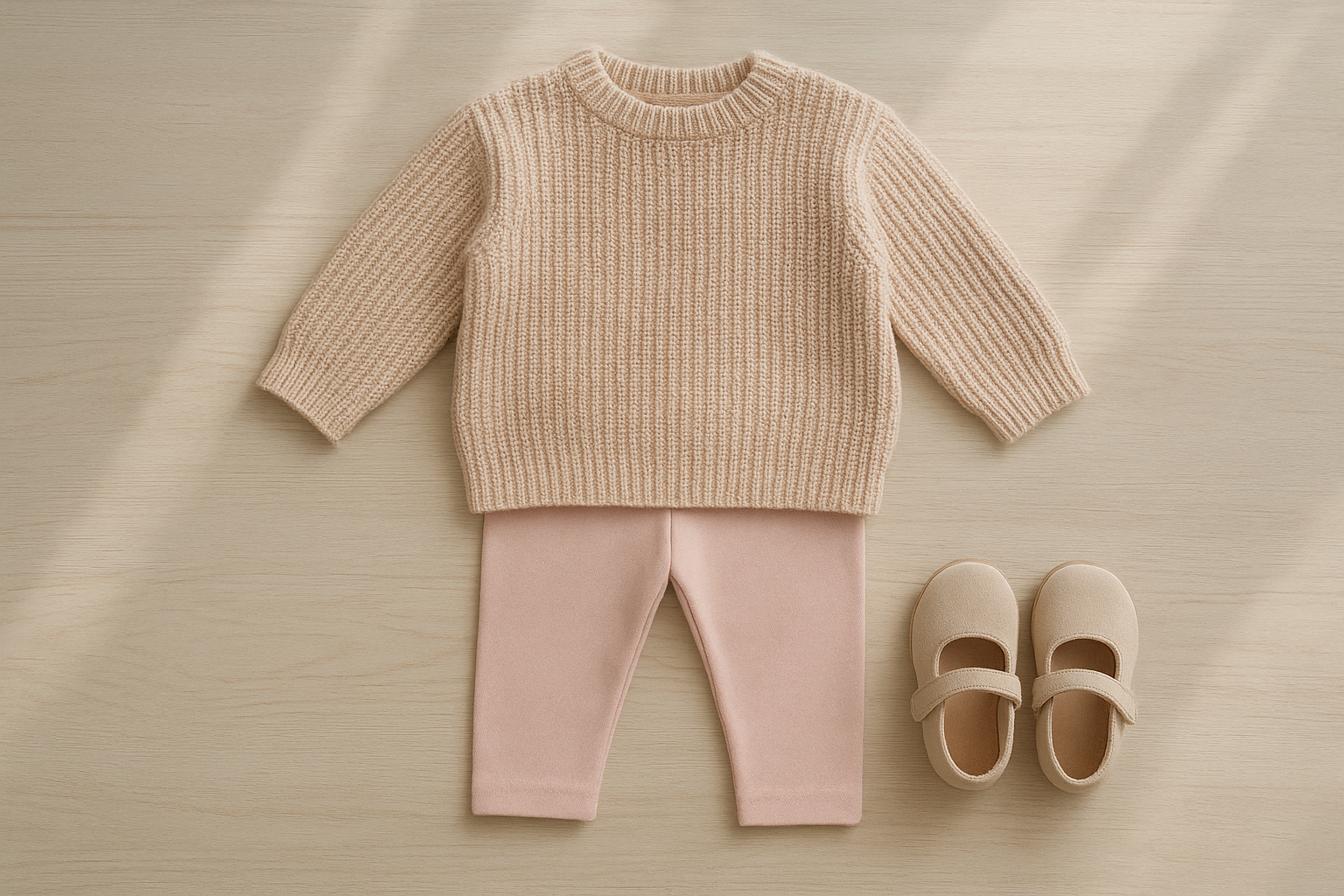 Curated outfits for toddlers arranged flat on a wooden table