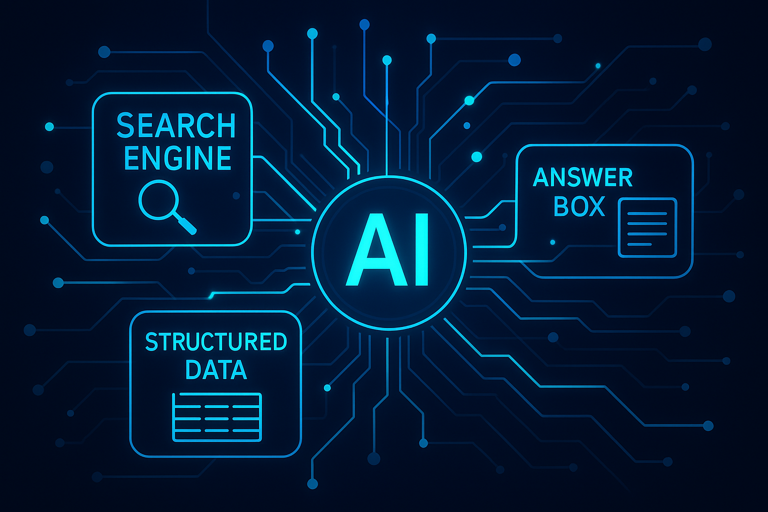 Visual representation of AI answer engines connecting structured content across search platforms