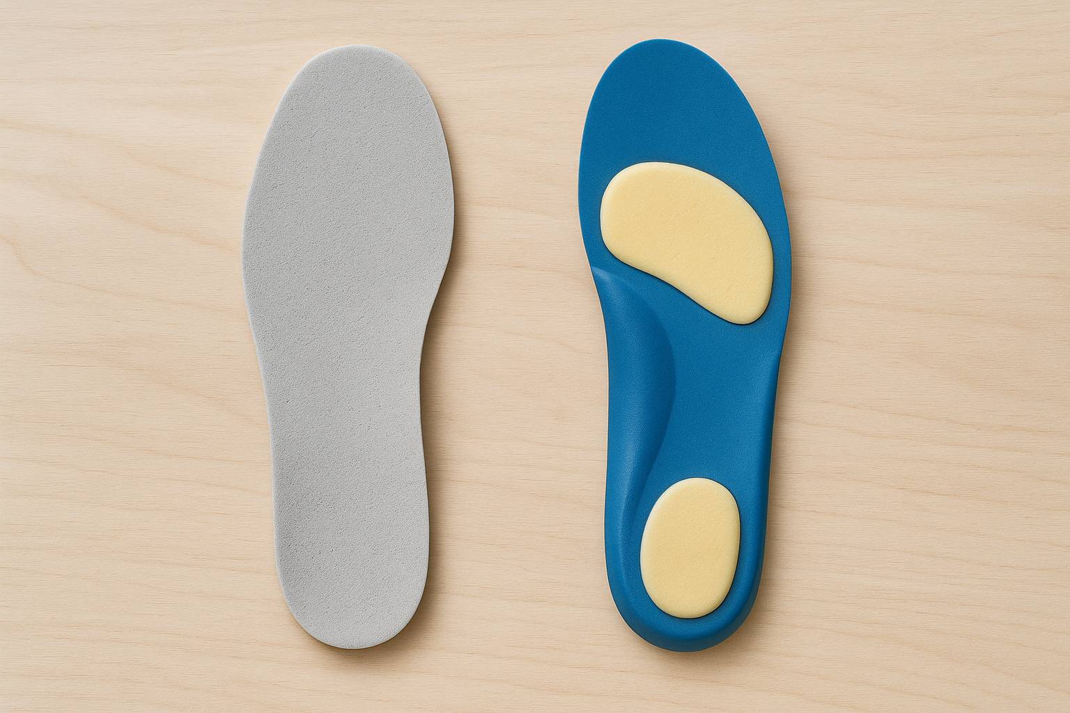 Comparison of a generic foam insole and a custom molded orthotic insert side by side