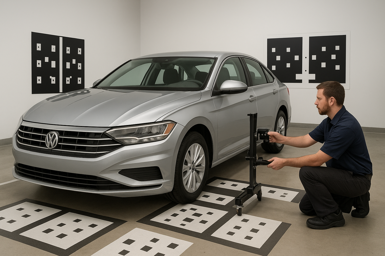 Vehicle undergoing ADAS calibration after collision repair in a certified shop