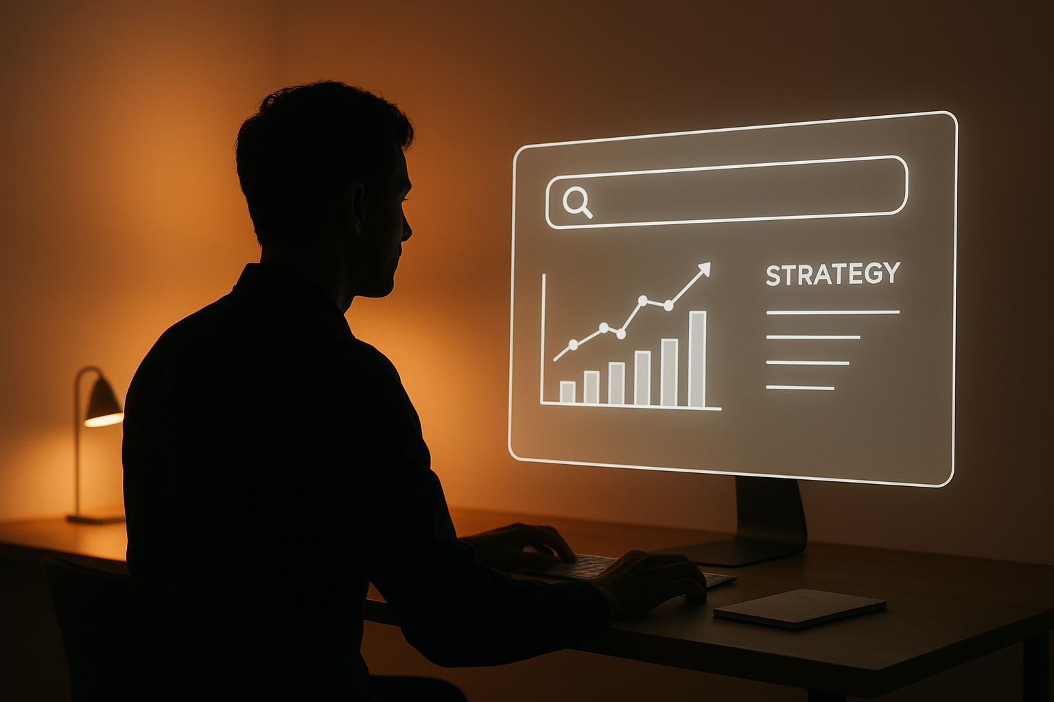 Marketer reviewing an AI search visibility strategy on a glowing digital interface