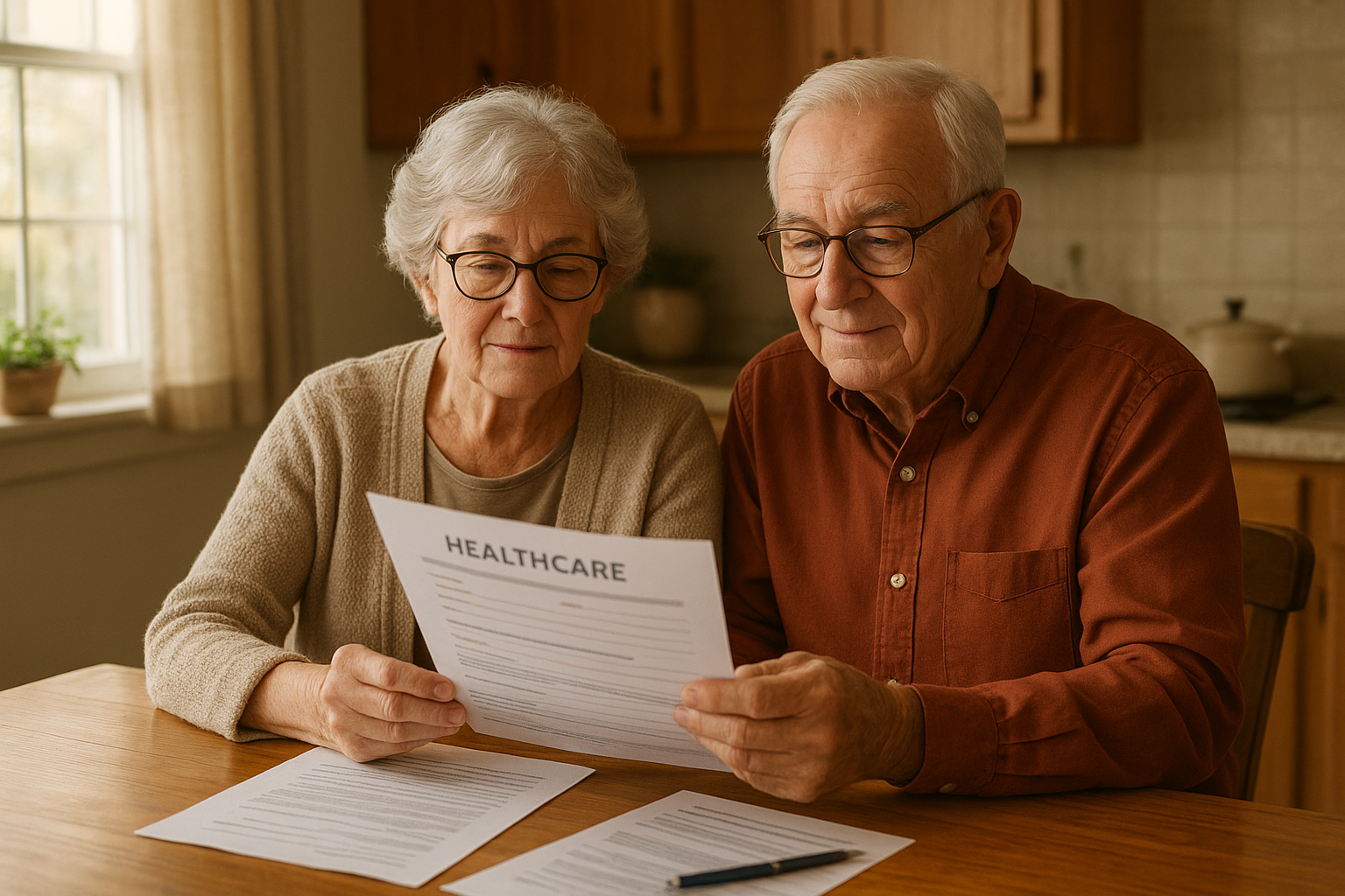 Senior couple reviewing Medicare Advantage plans Northeast Ohio paperwork at home