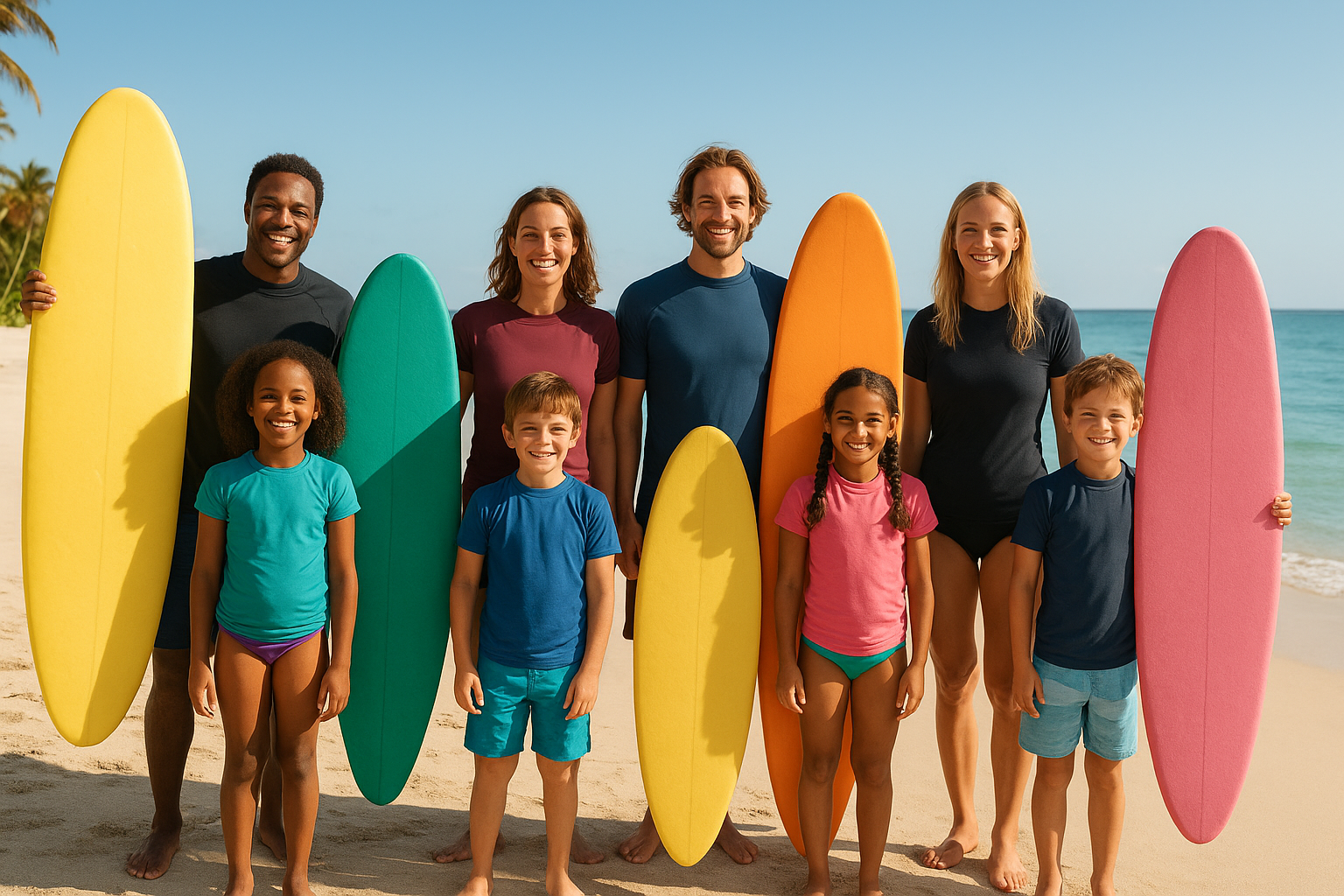 Diverse group of surf students of all ages preparing for a coastal surfing lesson with foam surfboards on a tropical beach