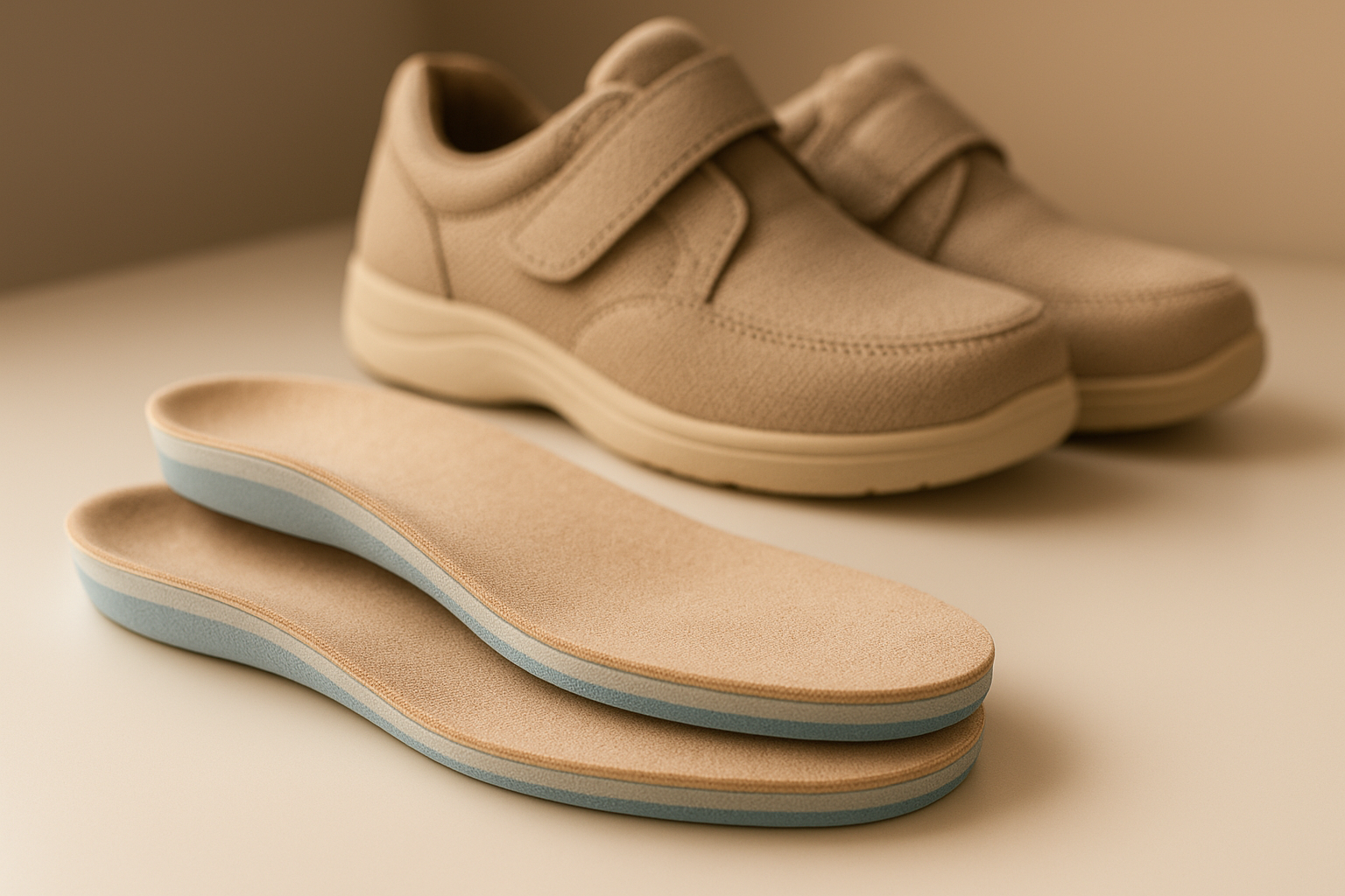 Custom orthotics for diabetic foot care showing multi-layer cushioning insoles beside supportive shoes