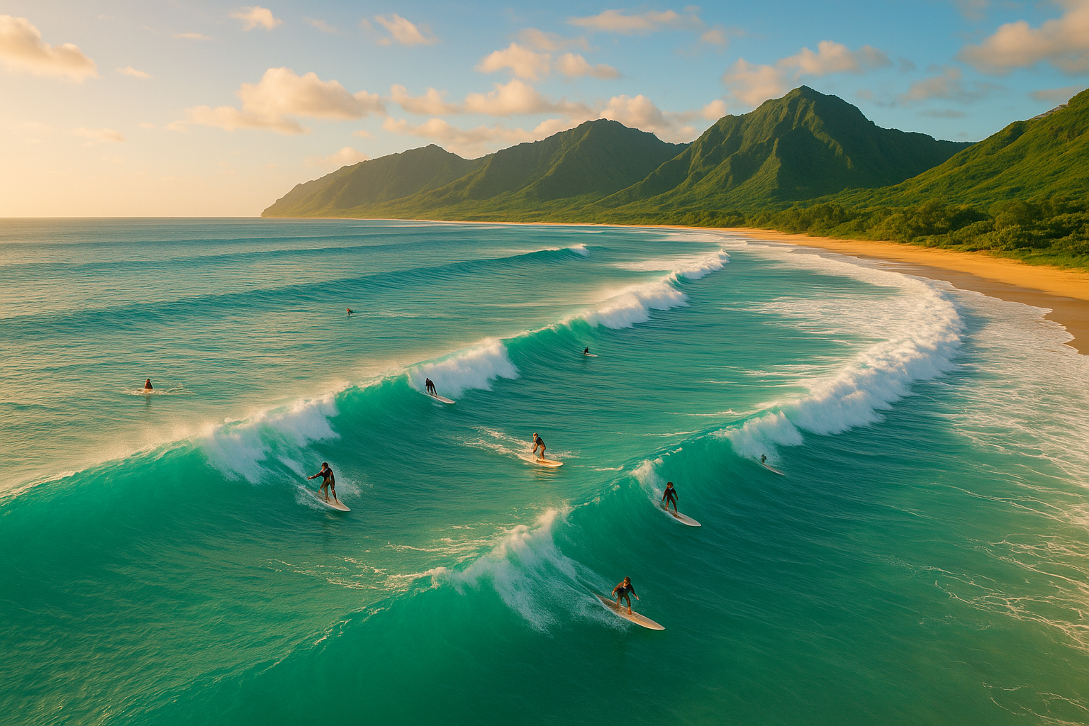 Aerial view of surfers riding waves at a Hawaiian beach ideal for intermediate surfing practice