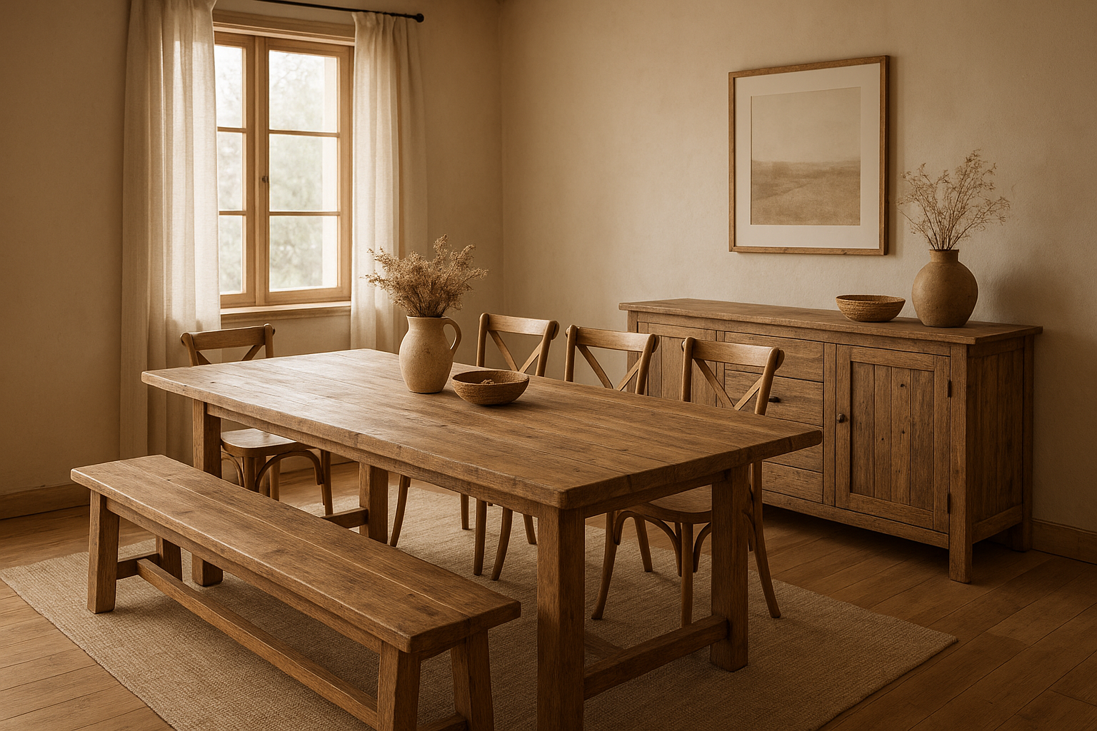 Rustic solid wood dining table and bench set in a farmhouse dining room