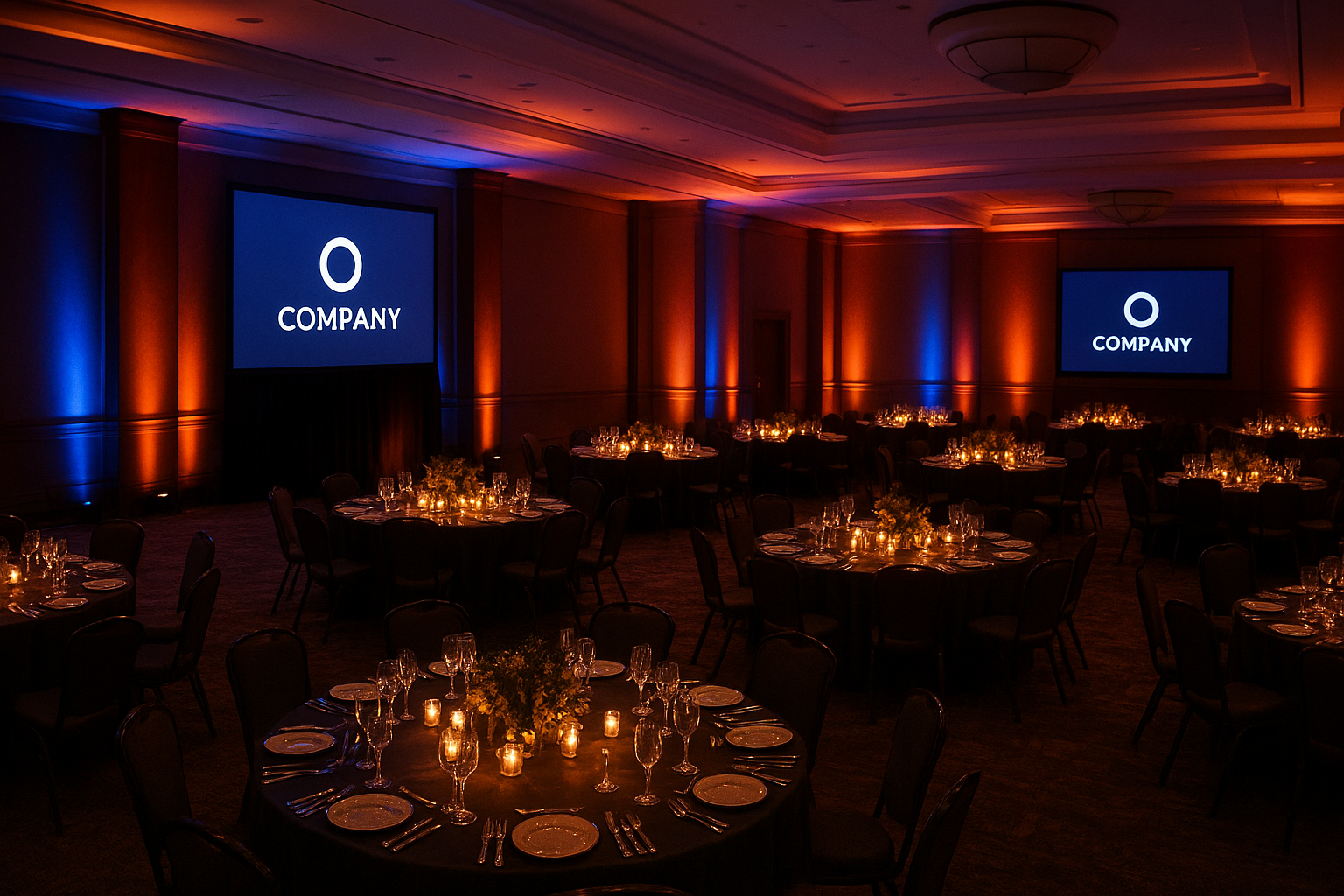 Corporate gala room with branded uplighting and AV screens arranged for an Indiana business event