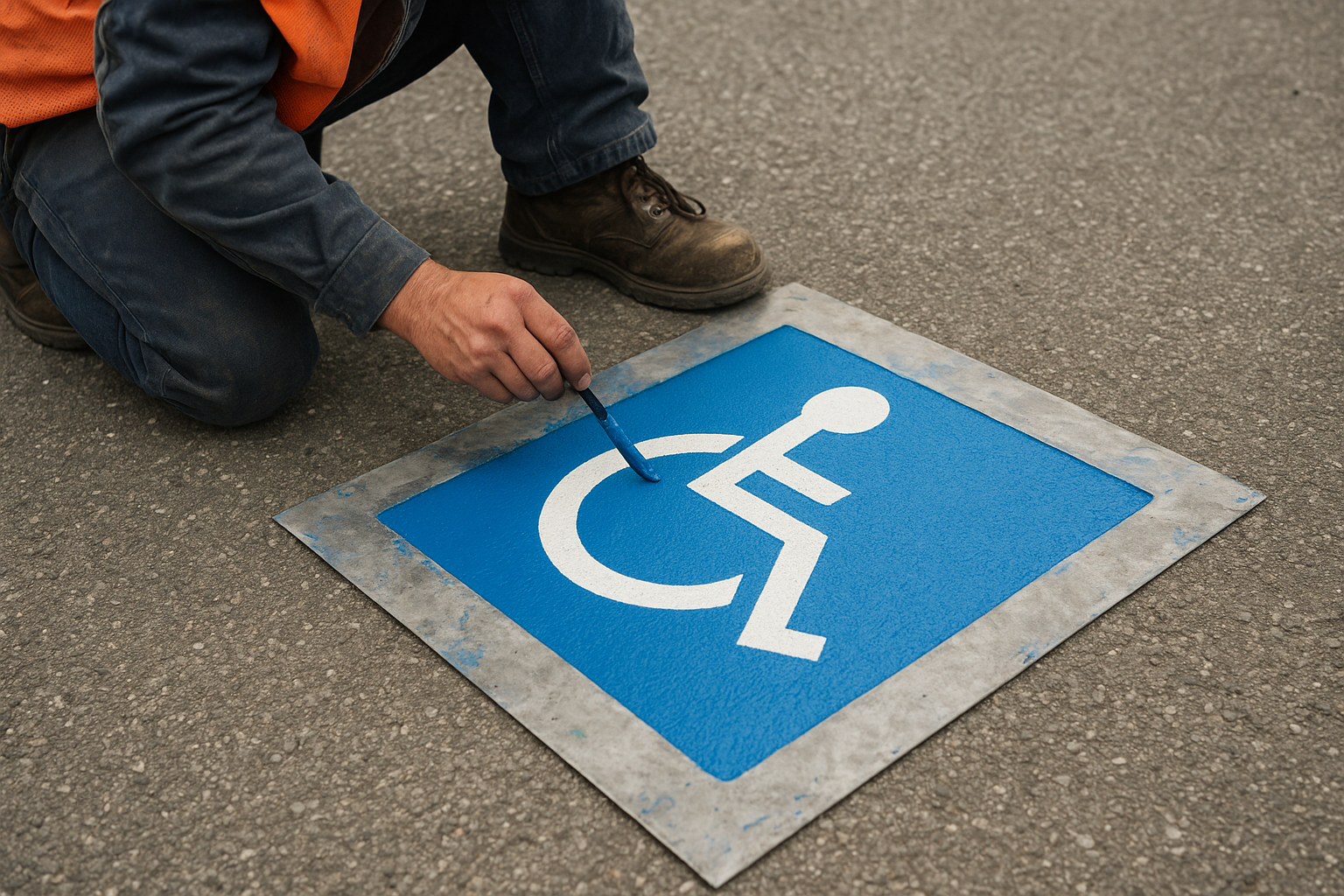 Technician painting a blue ADA-compliant handicap parking symbol on pavement