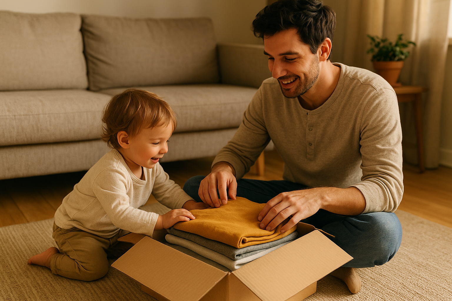Parent and child unboxing a family clothing rental service delivery