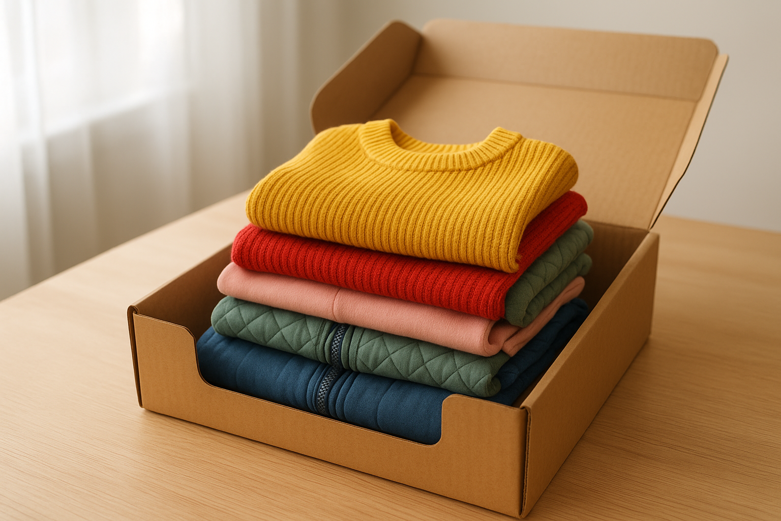 Folded children's outfits packed for a kids seasonal clothing rental subscription box