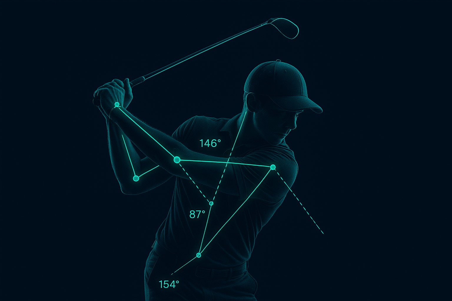 Biomechanical swing analysis overlay showing joint angles used in golf performance coaching