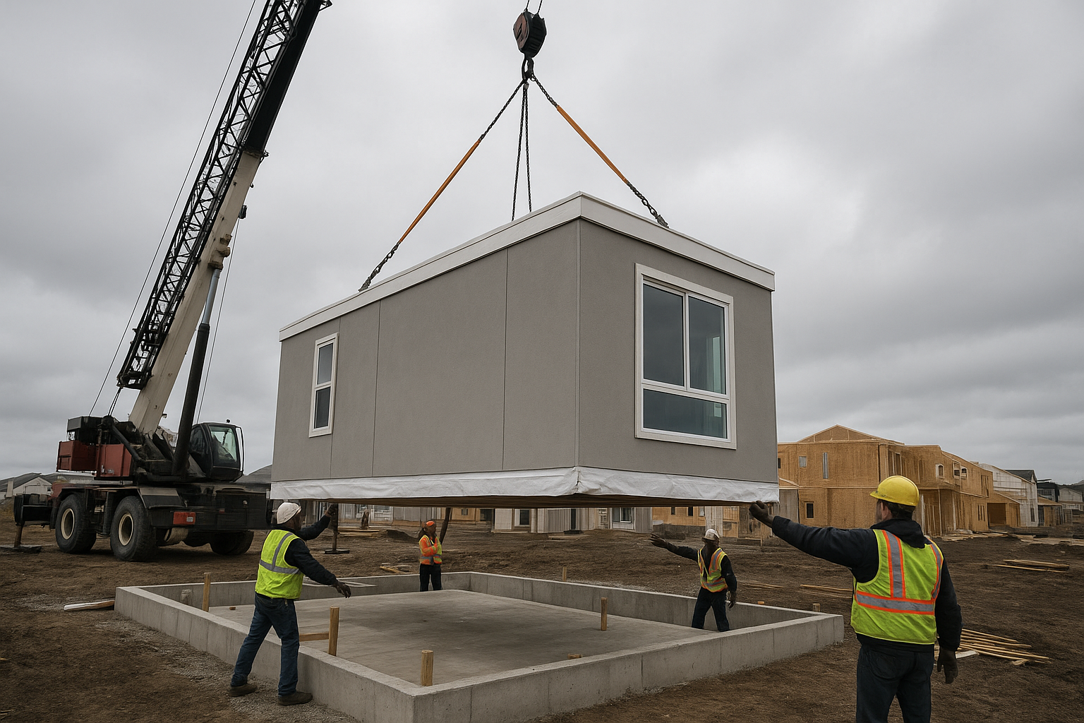 Crane installing a modular section during a prefab homes California build