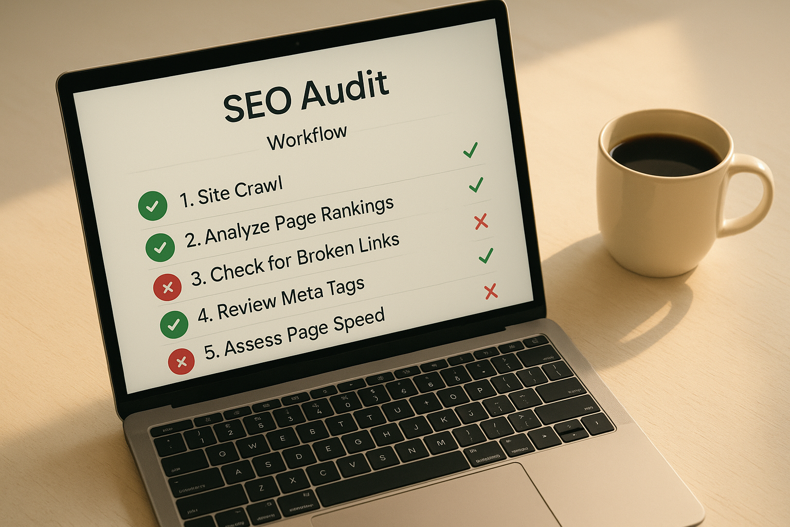 Step-by-step SEO audit workflow on a laptop using a website site checker tool