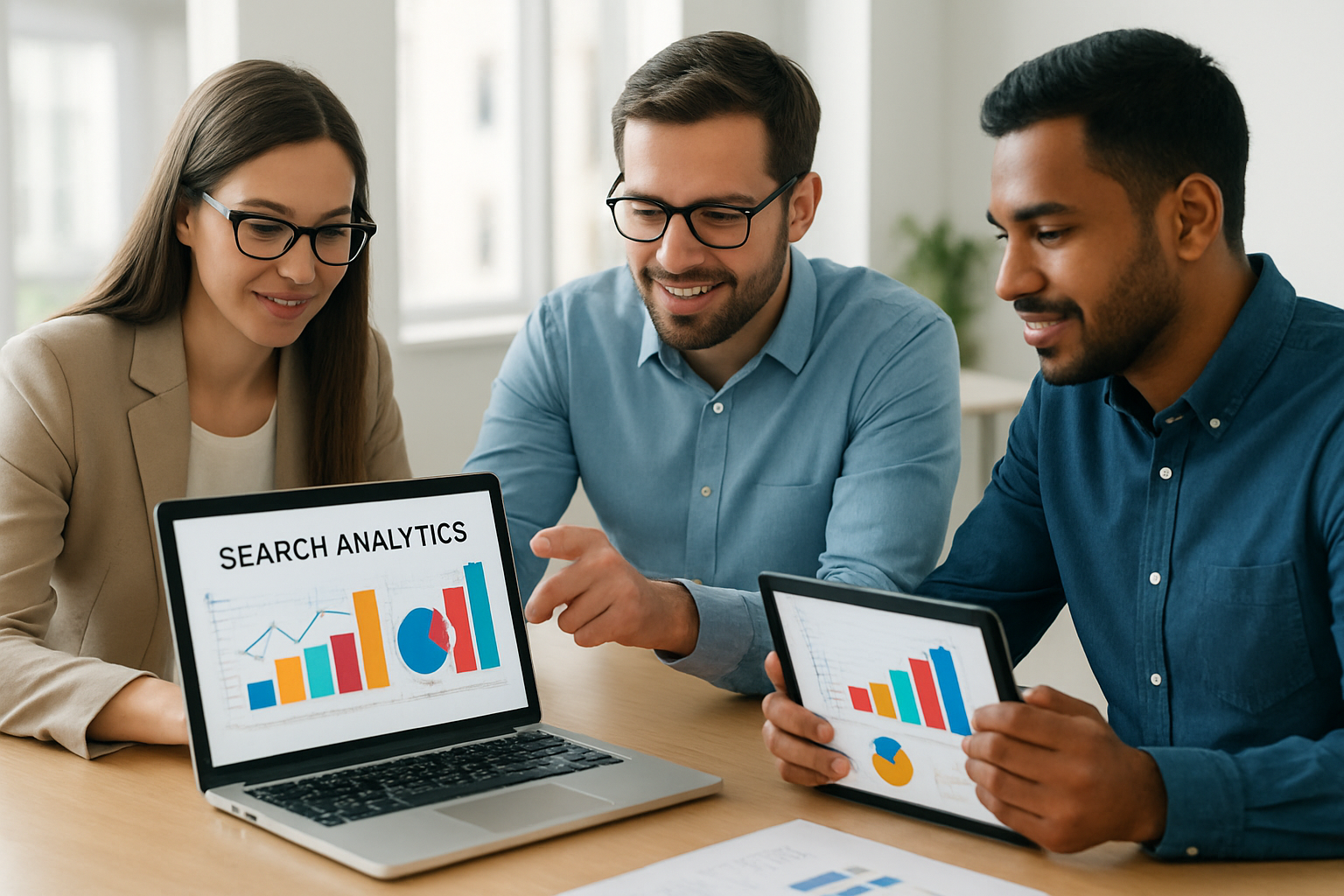 Team analyzing AI search insights charts on laptop and tablet screens