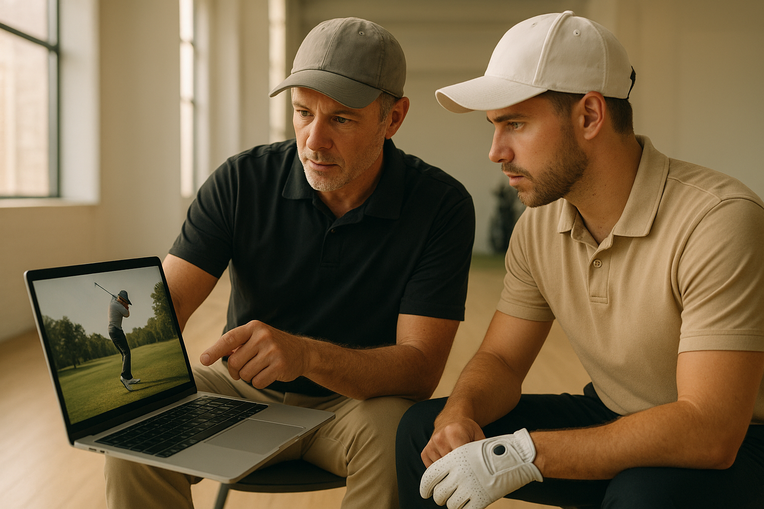 Coach and golfer analyzing swing video to build a personalized golf swing plan