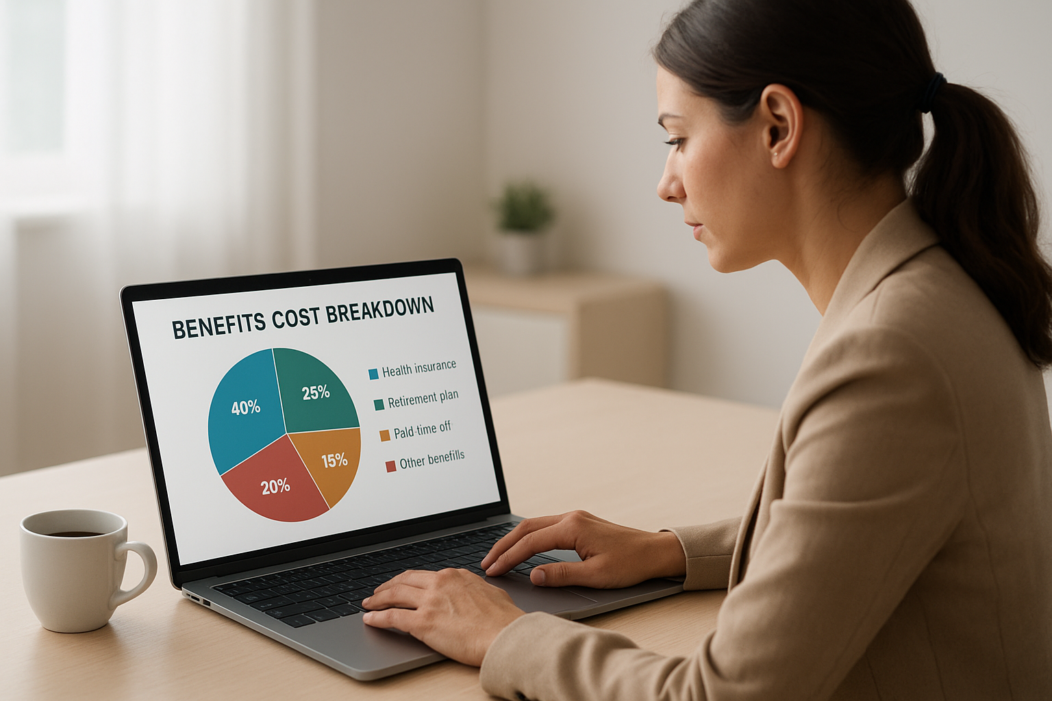 HR manager reviewing the average cost of benefits per employee on a laptop chart