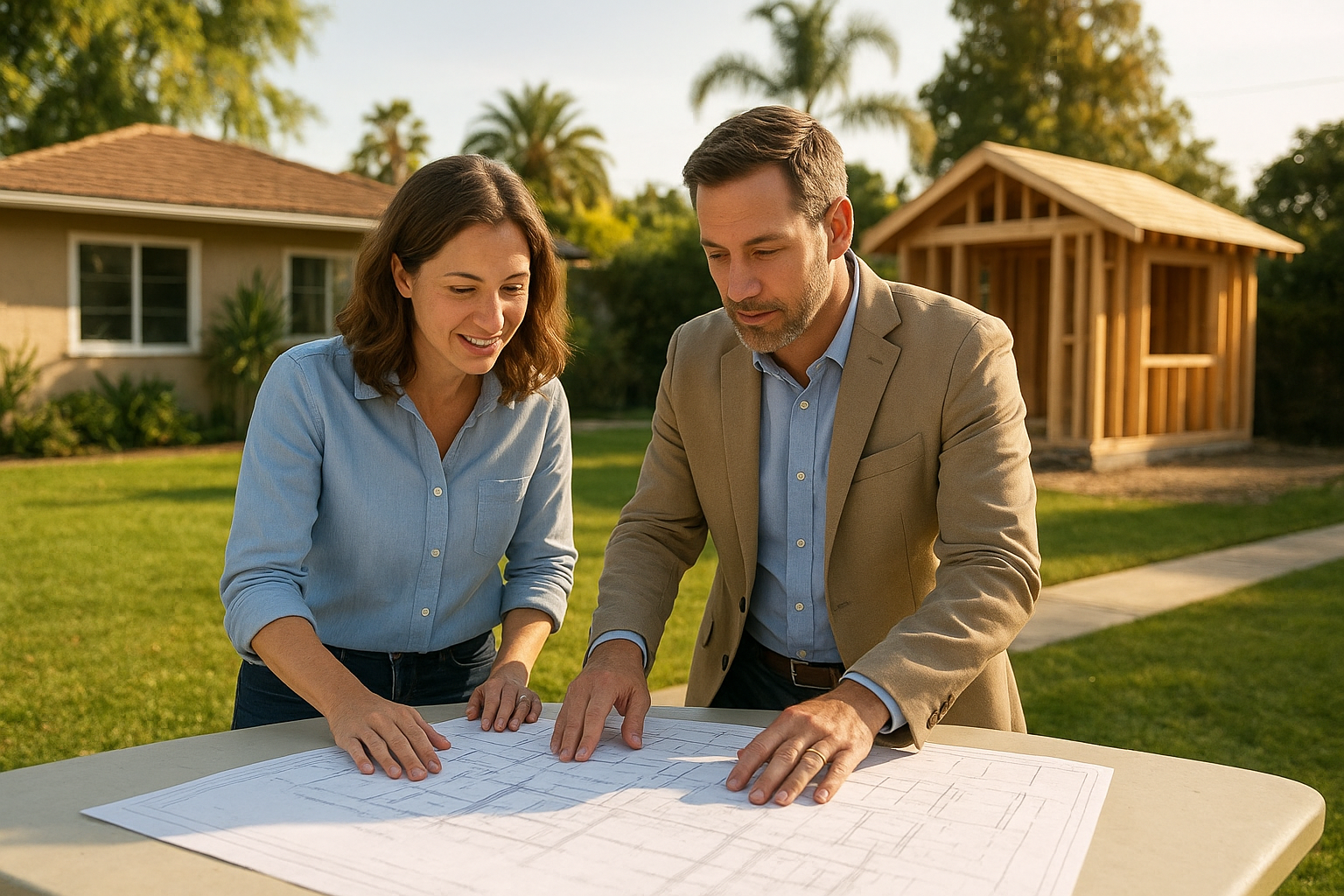 Homeowner and contractor discussing ADU permitting assistance in Los Angeles County over blueprints