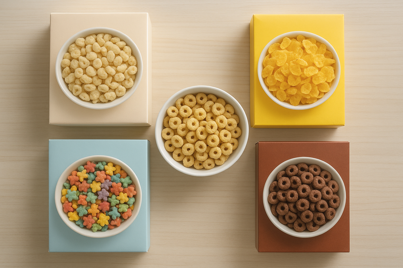 Assortment of organic cereal boxes styled on a kitchen countertop