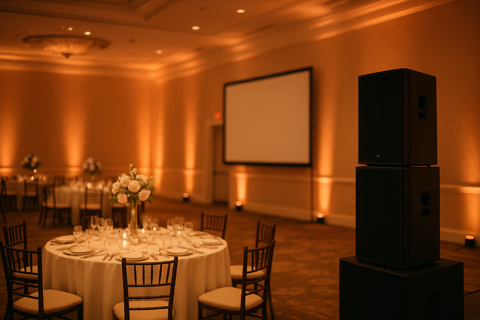 Multimedia equipment rental setup with speakers, lighting, and screen at a wedding reception