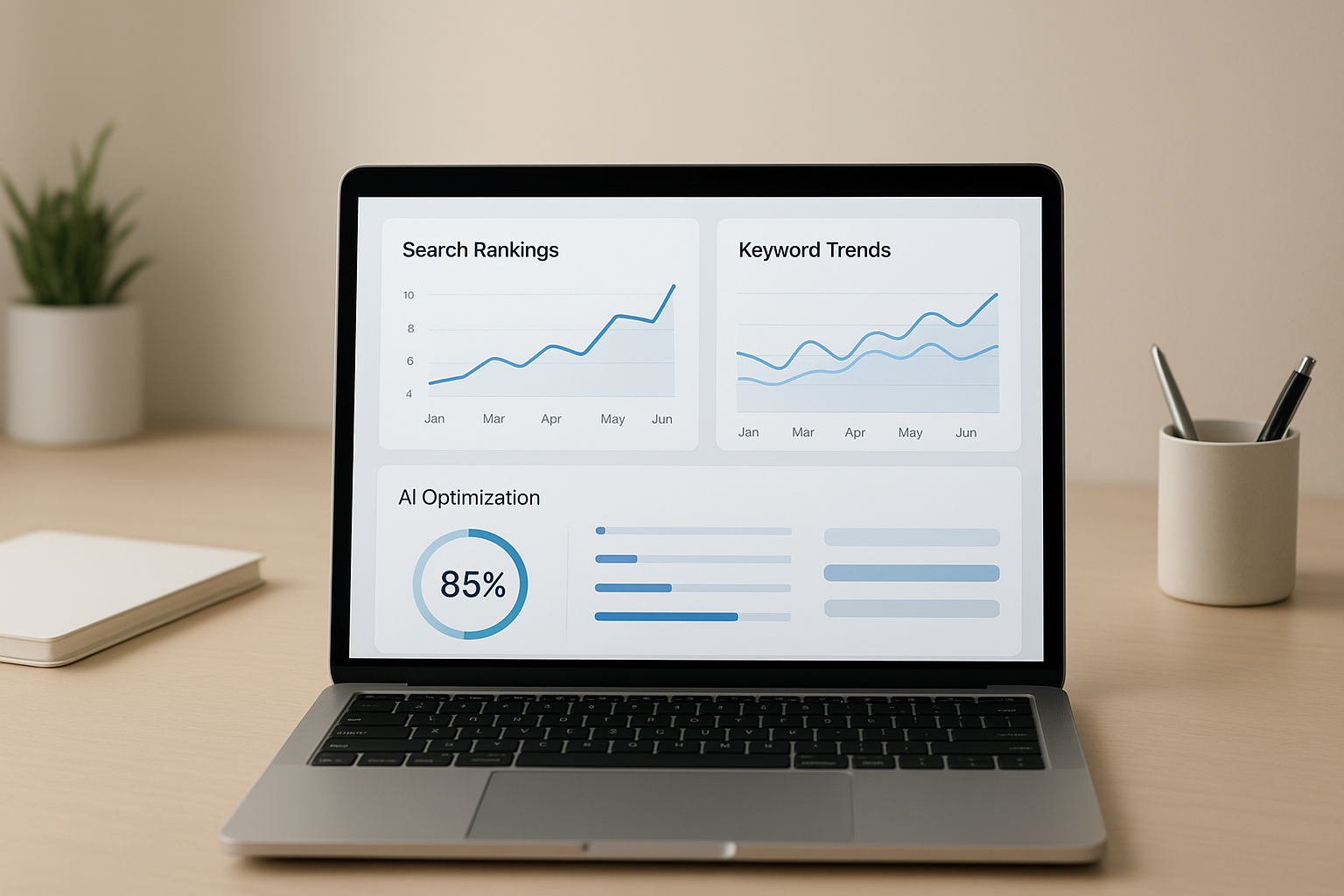 Dashboard displaying automated search ranking solutions tracking keyword positions and visibility trends