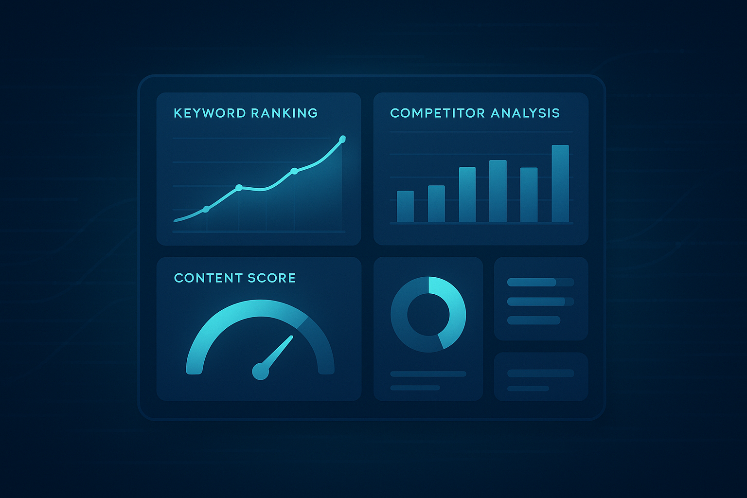 AI-driven SEO tools dashboard displaying keyword rankings and content analysis metrics