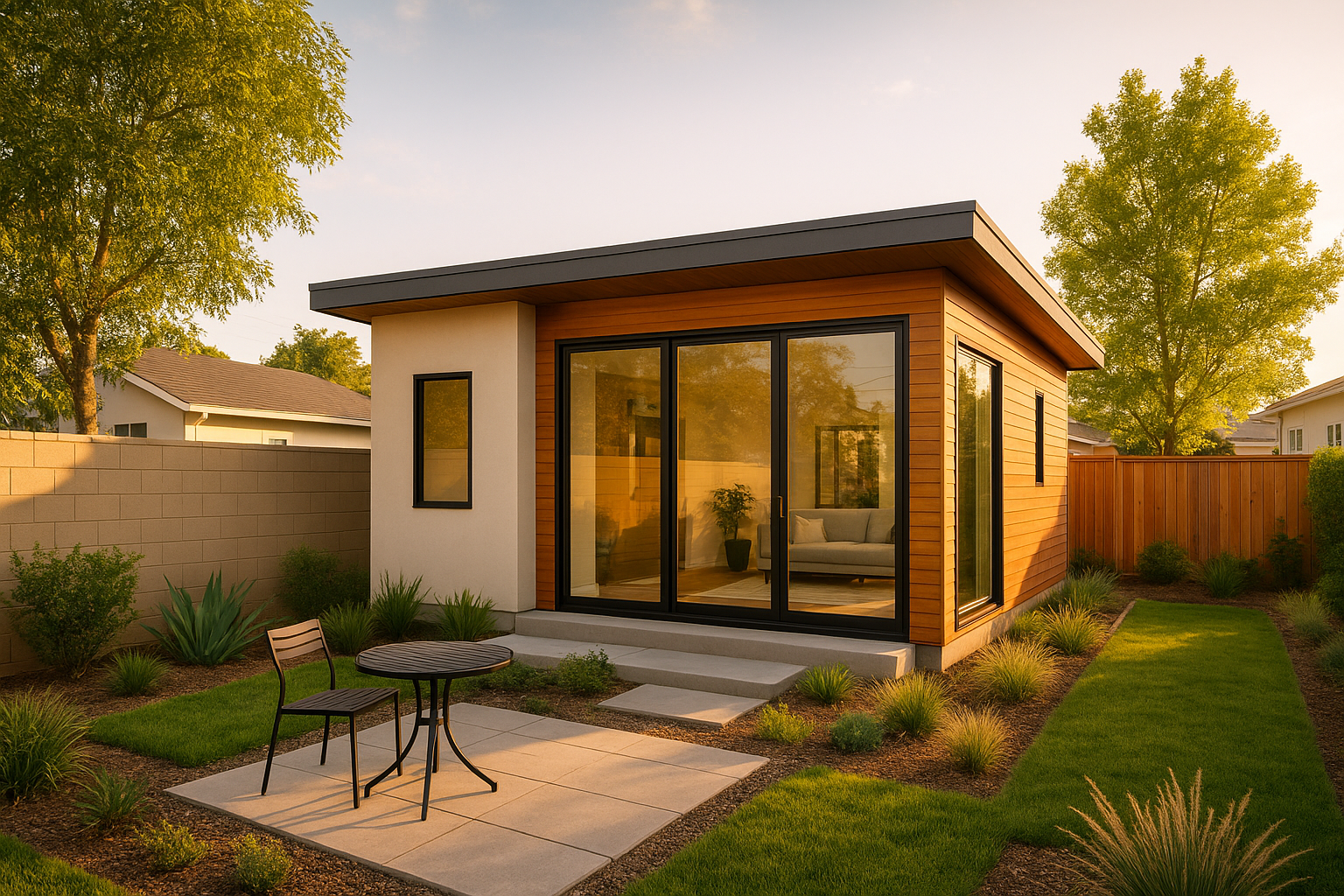 Completed detached ADU installation in a Southern California backyard with modern design and landscaping