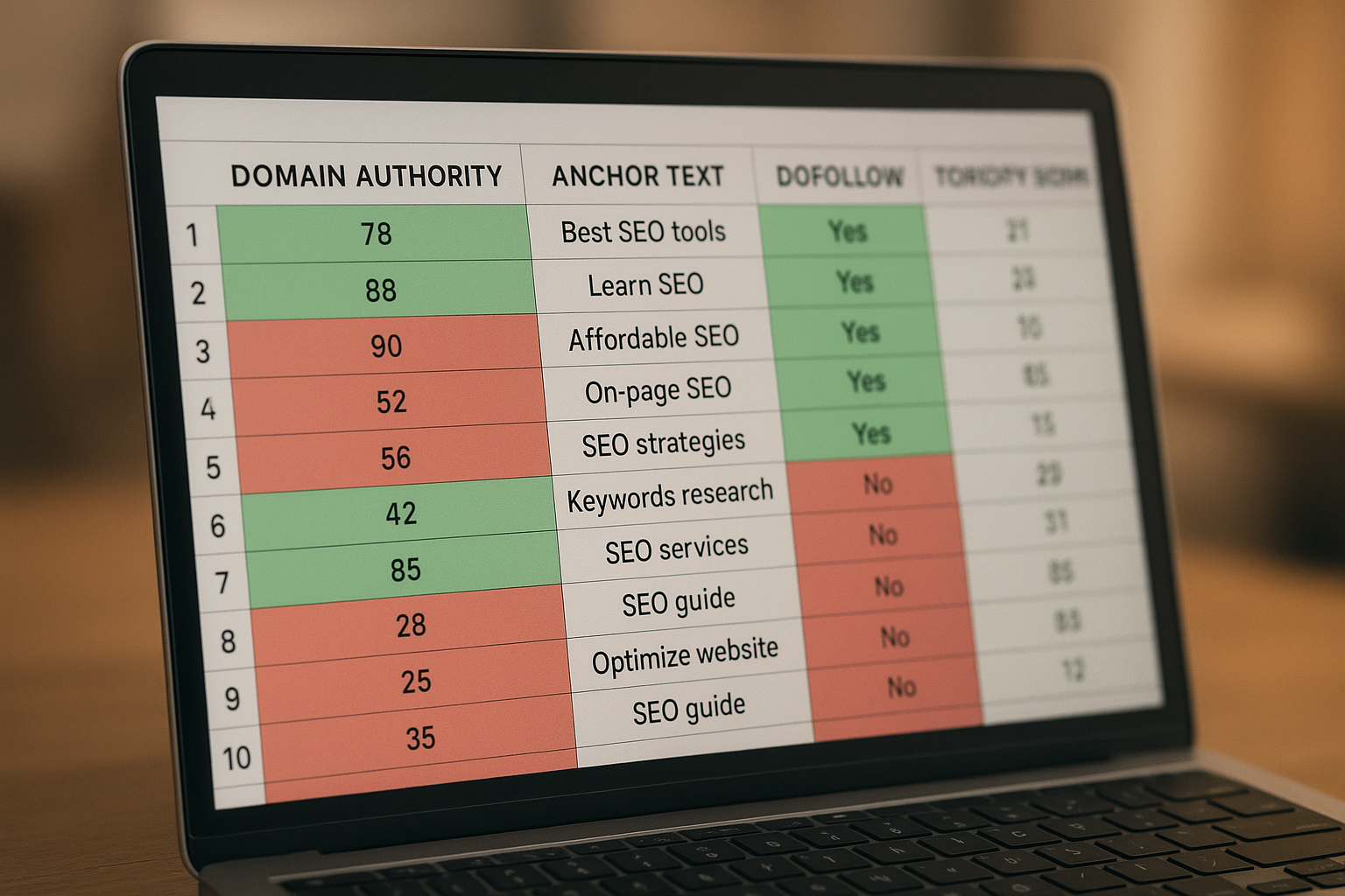 Spreadsheet showing backlink audit metrics including domain authority and toxicity scores