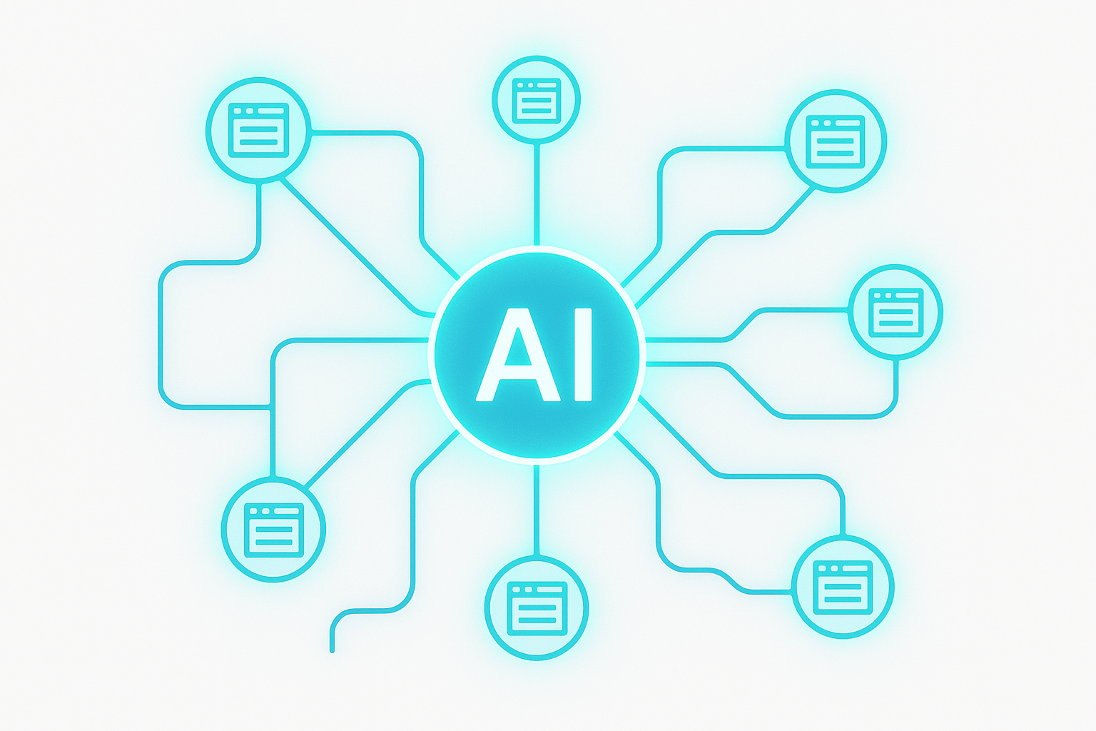 Network diagram showing AI answer engines pulling cited content from structured web pages